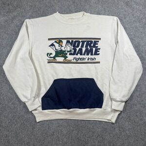 Vintage Notre Dame Fighting Irish Sweatshirt Medium White Blue Leprechaun Pocket